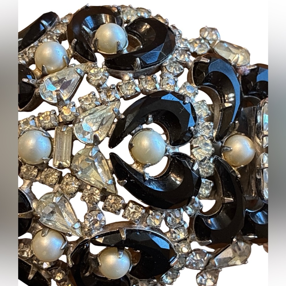 Vintage Brania Runway Black Glass & Clear Rhinestone Pearl Statement Necklace - Picture 5 of 9
